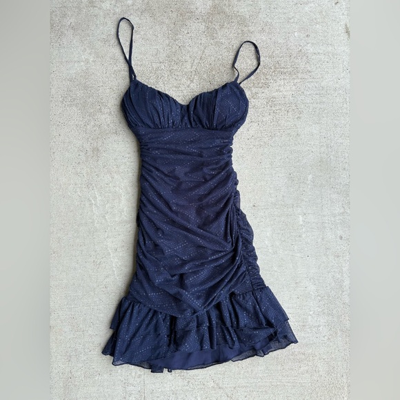 Navy Blue Ruffle Glittery Mesh Ruched Mini Dress - Picture 3 of 7